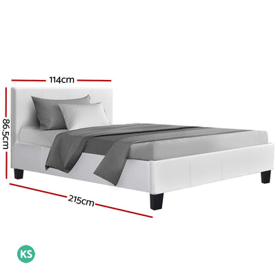 Coogee King Single Bed Frame White with PVC leather upholstery, tufted headboard, and black wooden legs with bedding