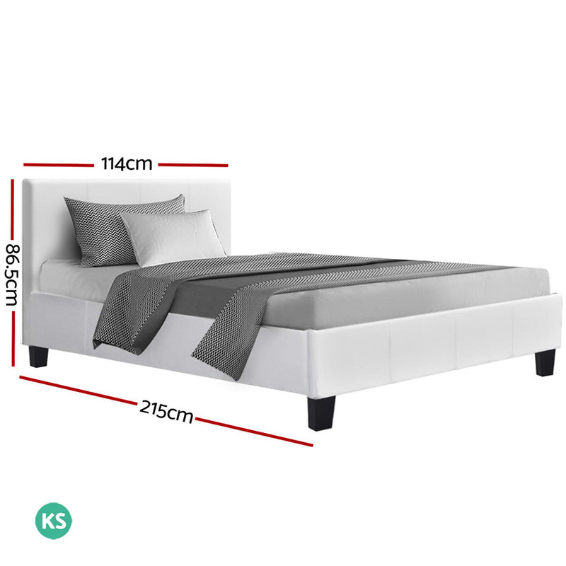 Coogee King Single Bed Frame White with PVC leather upholstery, tufted headboard, and black wooden legs with bedding