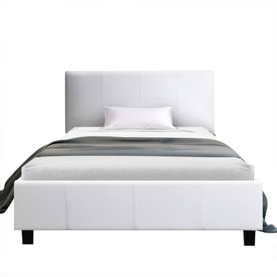 Coogee King Single Bed Frame White with premium PVC leather upholstery, padded headboard, and black wooden legs.