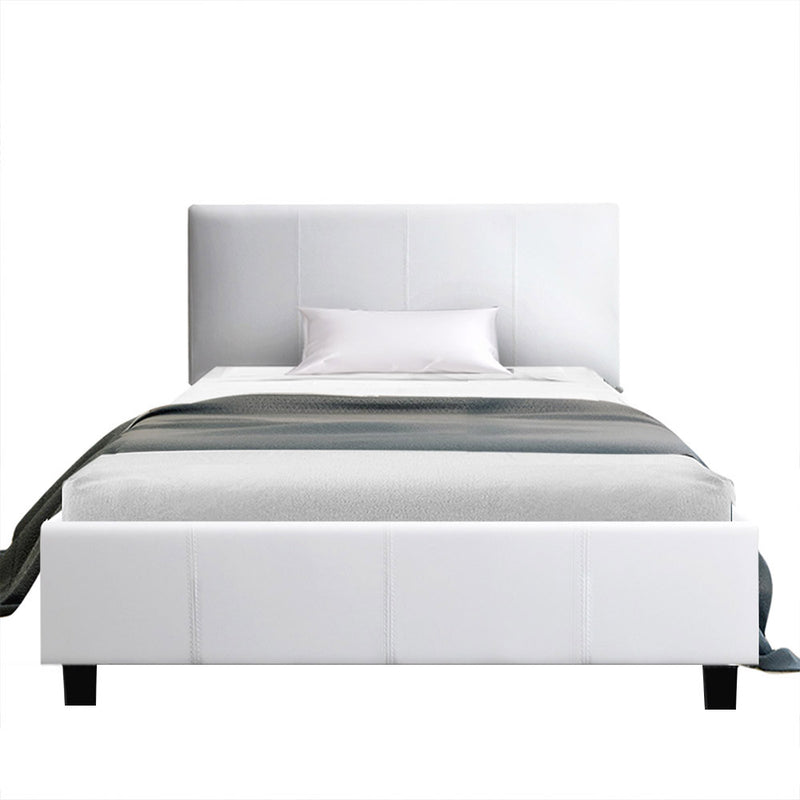 Coogee King Single Bed Frame White with premium PVC leather upholstery, padded headboard, and black wooden legs.