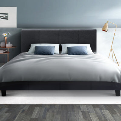 Coogee Queen Bed Base Charcoal with upholstered headboard, premium faux linen fabric, and modern bedroom furniture style