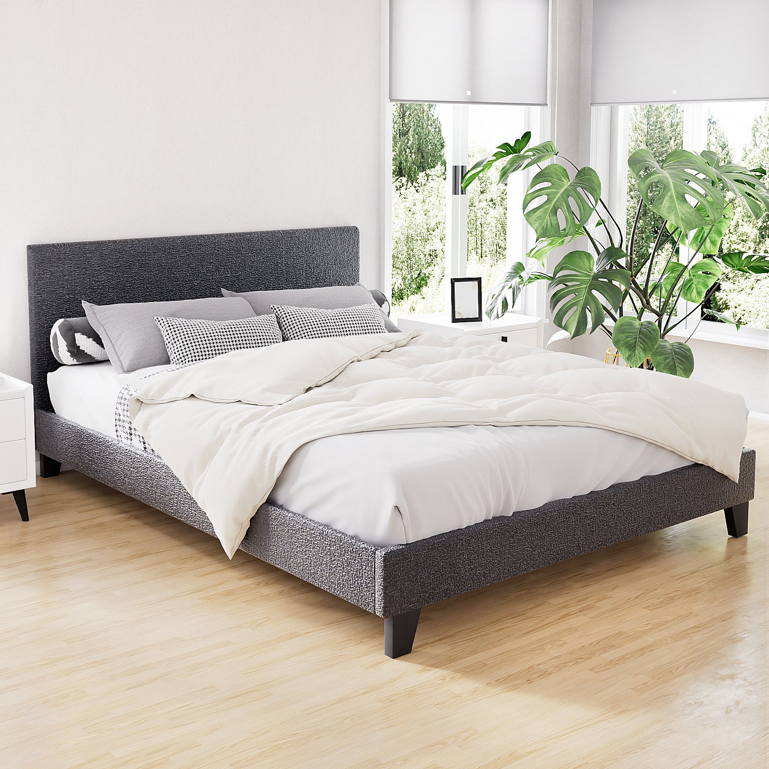 Coogee Queen Bed Base Charcoal with textured faux linen upholstery, wooden legs, and modern bedroom furniture setup