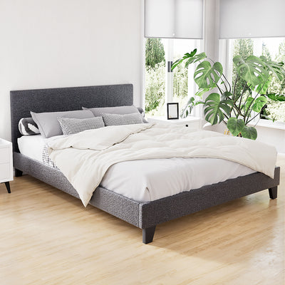 Coogee Queen Bed Base Charcoal with textured faux linen upholstery, wooden legs, and modern bedroom furniture setup