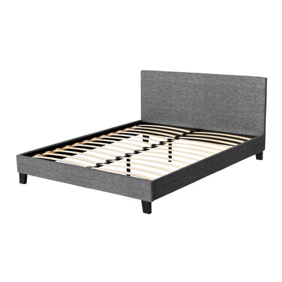 Coogee Queen Bed Frame Grey with faux linen upholstery, wooden slats, and sturdy black legs for modern bedroom furniture.