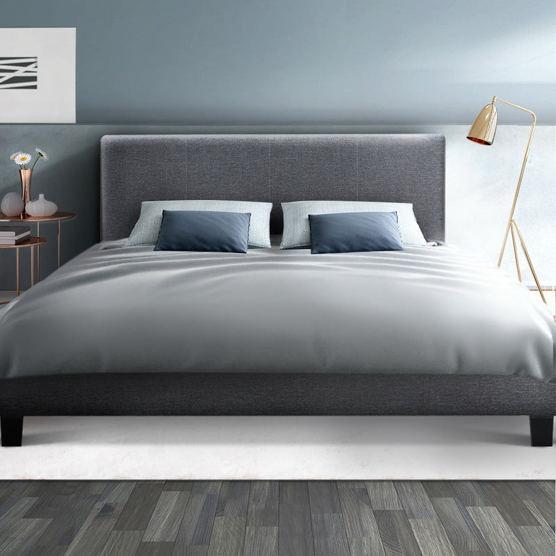 Coogee Queen Bed Frame Grey with upholstered headboard, modern design, and bedroom furniture styled with side table and lamp