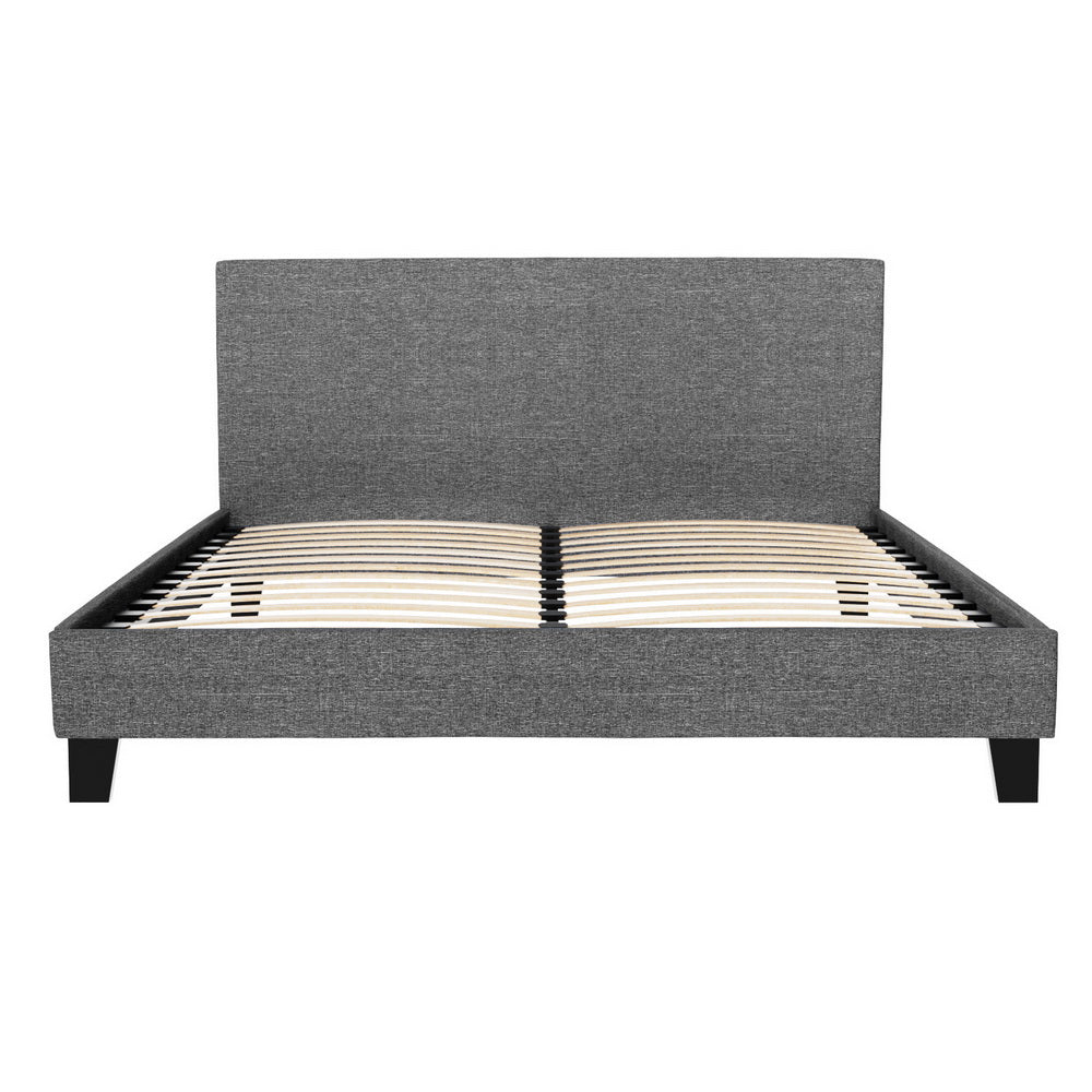Coogee Queen Bed Frame Grey with premium faux linen upholstery, wooden slats, and sleek modern design by Bedzy