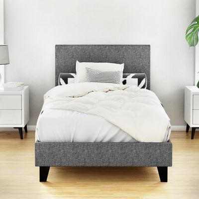 Coogee Single Bed Frame Grey with premium faux linen fabric, modern design, and black wooden legs in bedroom setting