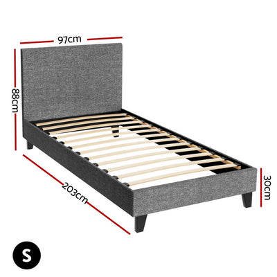 Coogee Single Bed Frame Grey with wooden slats, upholstered headboard, and raised legs in bedroom furniture style