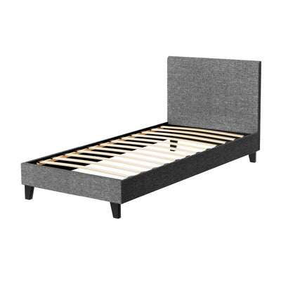 Coogee Single Bed Frame Grey upholstered in faux linen with wooden slats and modern bedroom furniture design