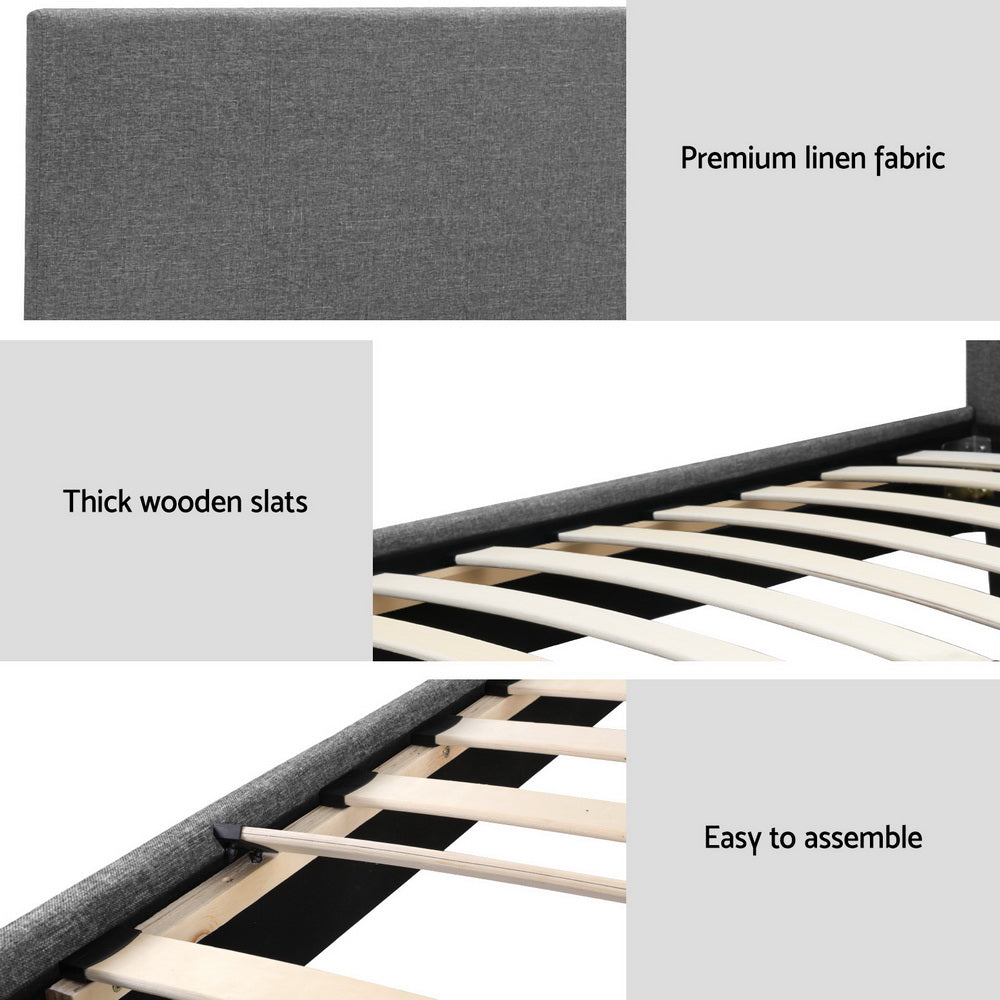 Coogee Single Bed Frame Grey with premium linen fabric, thick wooden slats, and easy assembly for bedroom furniture.