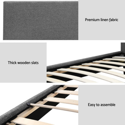 Coogee Single Bed Frame Grey with premium linen fabric, thick wooden slats, and easy assembly for bedroom furniture.