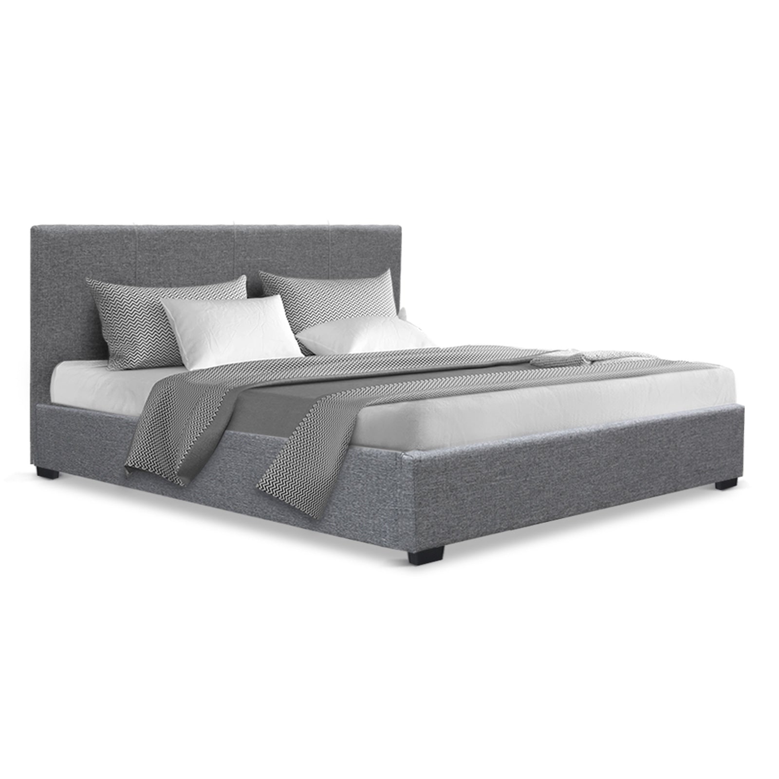 Elwood Gas Lift Storage Double Bed Frame Grey upholstered in faux-linen fabric with matching pillows and bedding