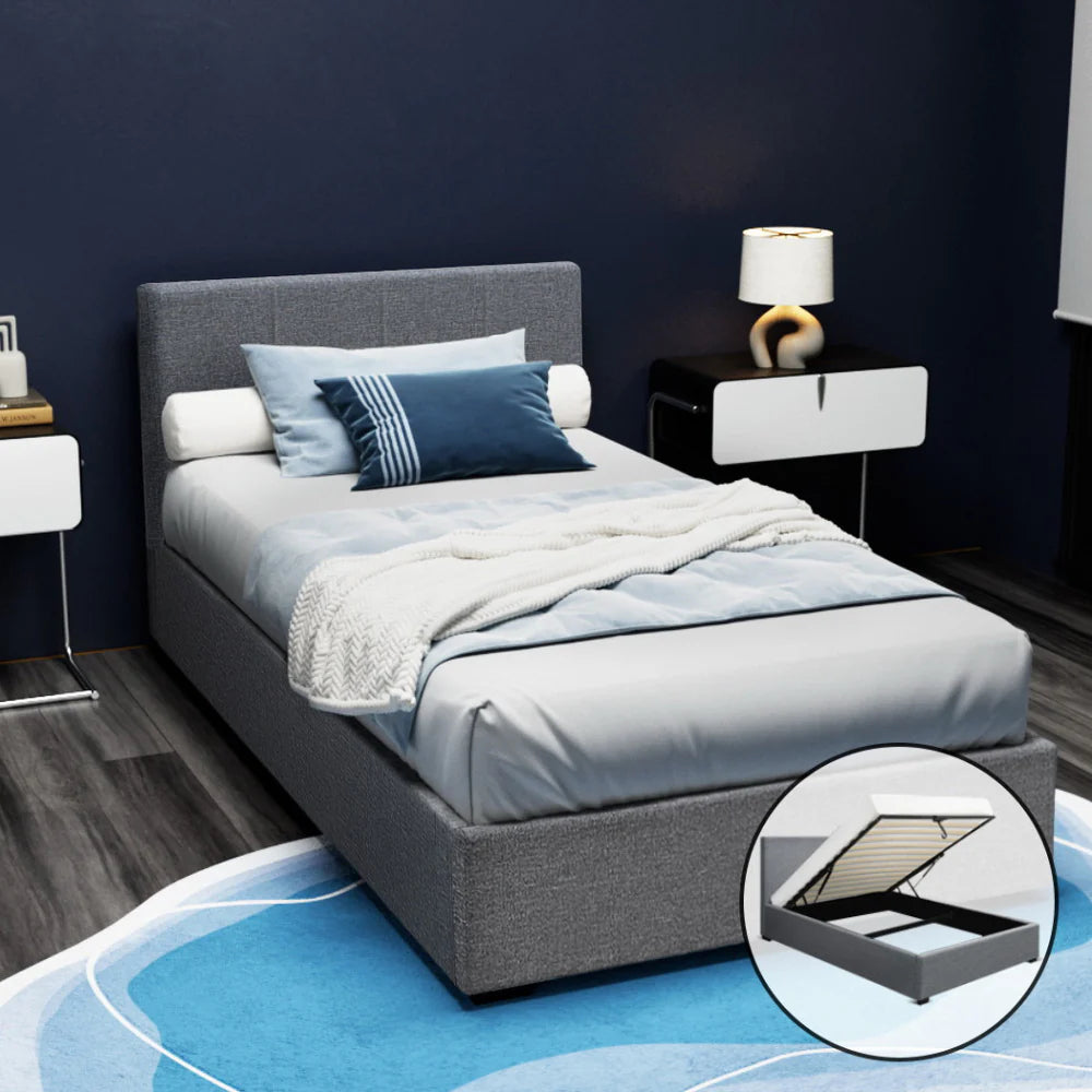 King Single Premium Package | Elwood Gas Lift Bed Frame Grey, Algarve Euro Top Pocket Spring Mattress (Medium Firm) & Pillowtop Mattress Topper