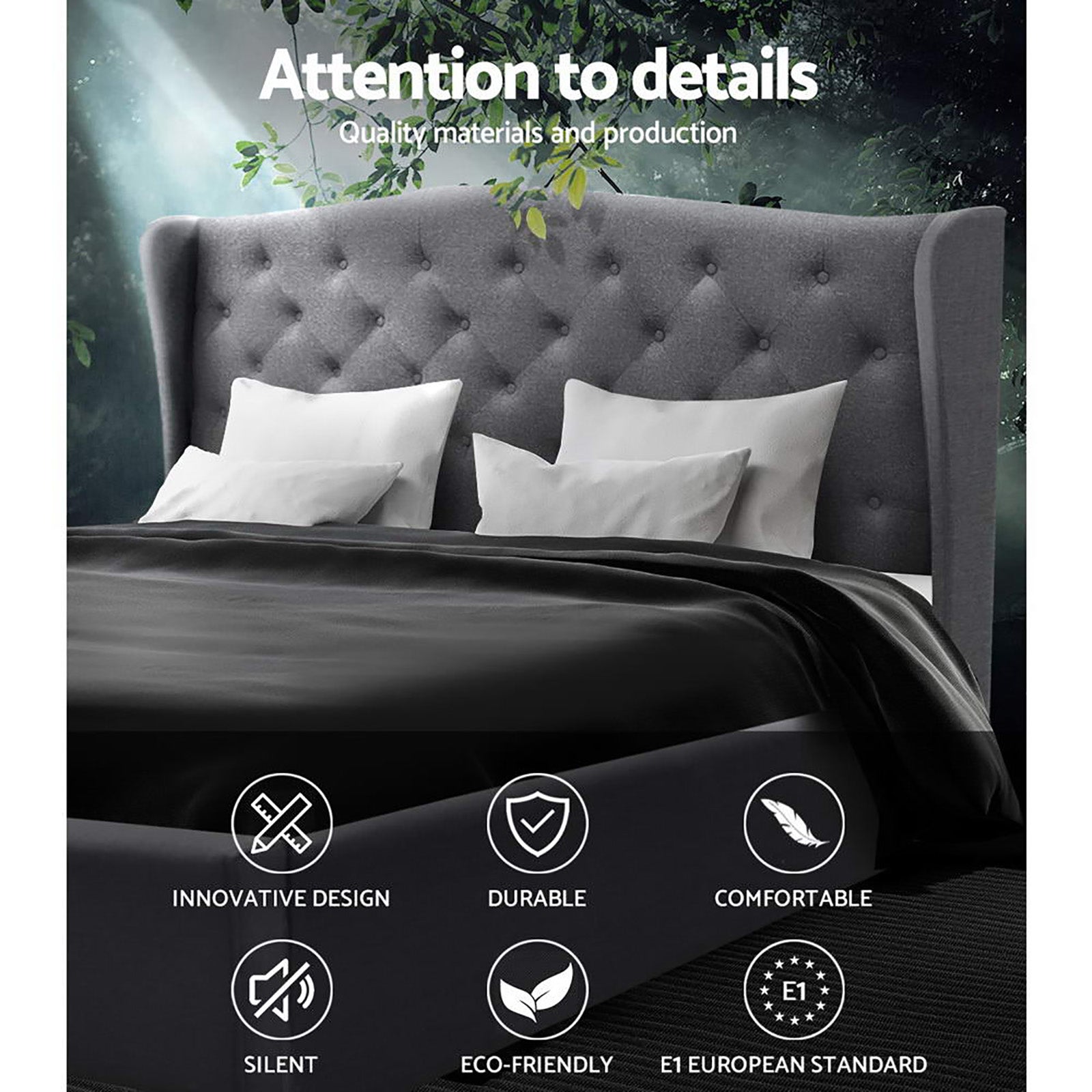 Altona Double Bed Frame Grey with tufted winged headboard, elegant bedroom furniture by Bedzy in grey upholstery