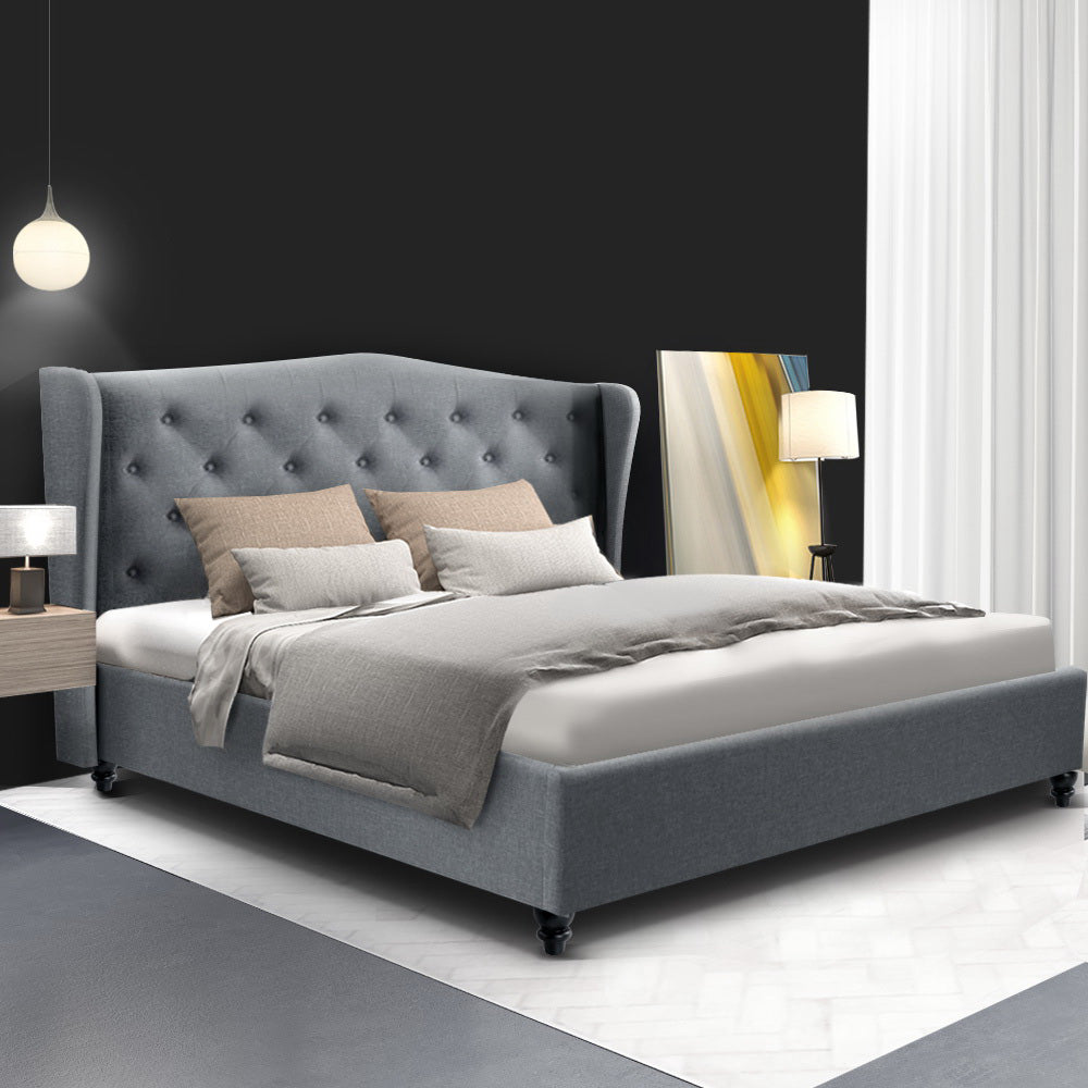 Altona Double Bed Frame Grey with tufted wingback headboard, upholstered frame, styled in modern bedroom setting.