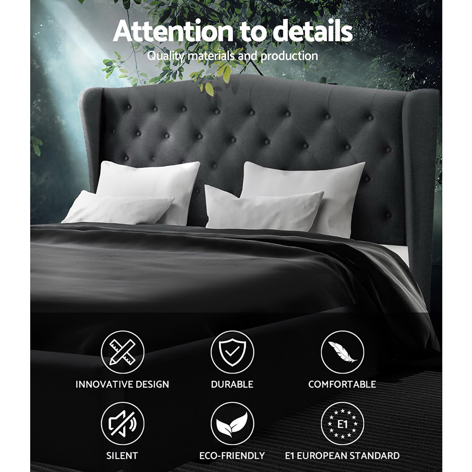 Altona King Bed Frame Charcoal with tufted winged headboard, elegant design, indoor bedroom furniture by Bedzy