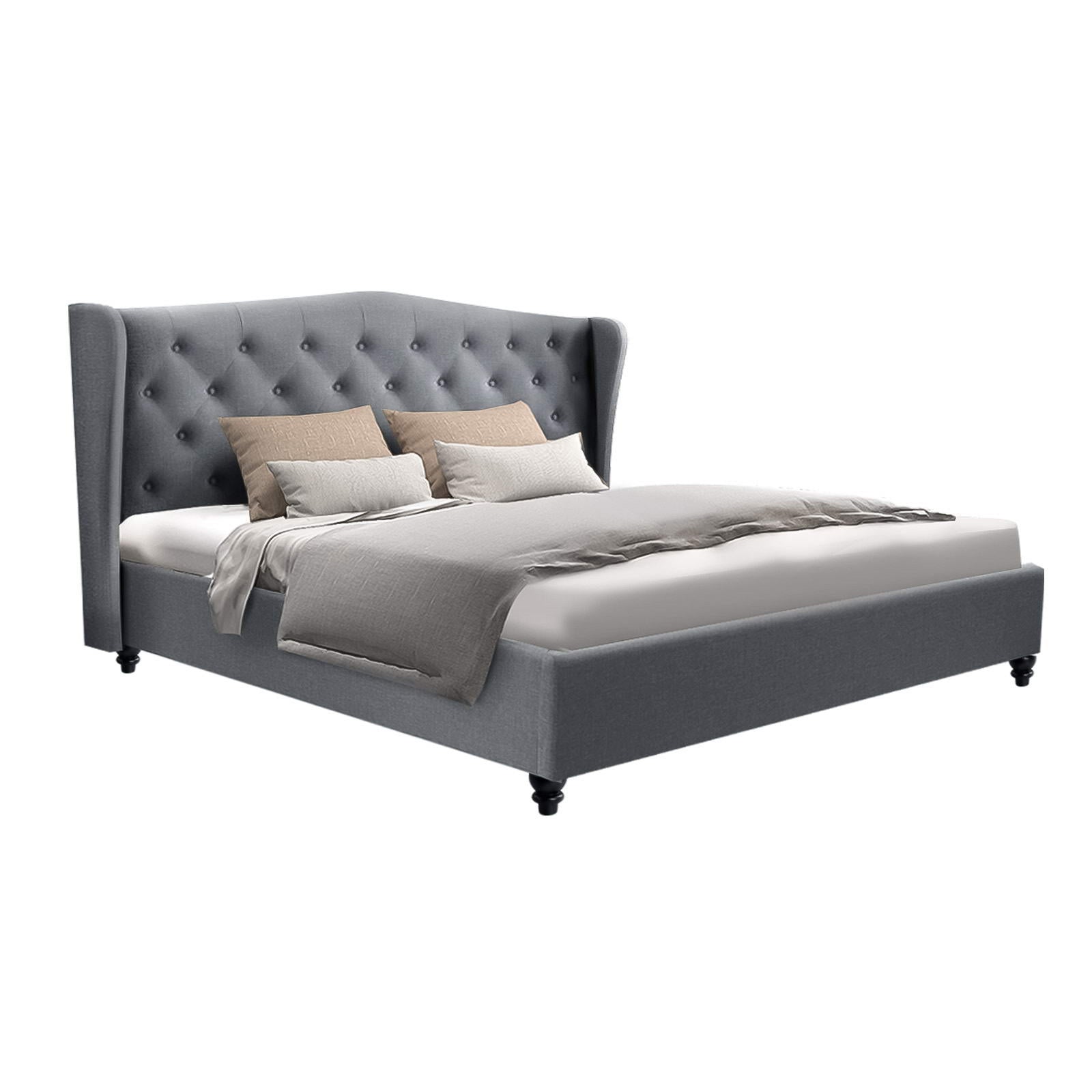 Altona King Bed Frame Grey with tufted wingback headboard, upholstered design, and classic bedroom furniture style by Bedzy.
