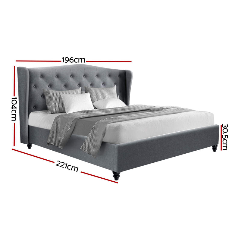 Altona King Bed Frame Grey with tufted wingback headboard and classic upholstered design in bedroom setting