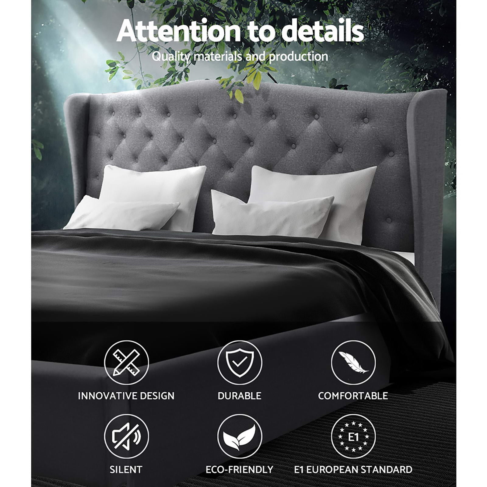 Altona King Bed Frame Grey with tufted wingback headboard in gray upholstery, styled with pillows and black bedding