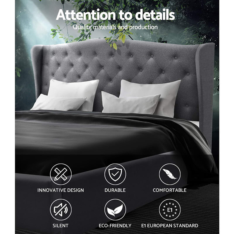 Altona King Bed Frame Grey with tufted wingback headboard in gray upholstery, styled with pillows and black bedding