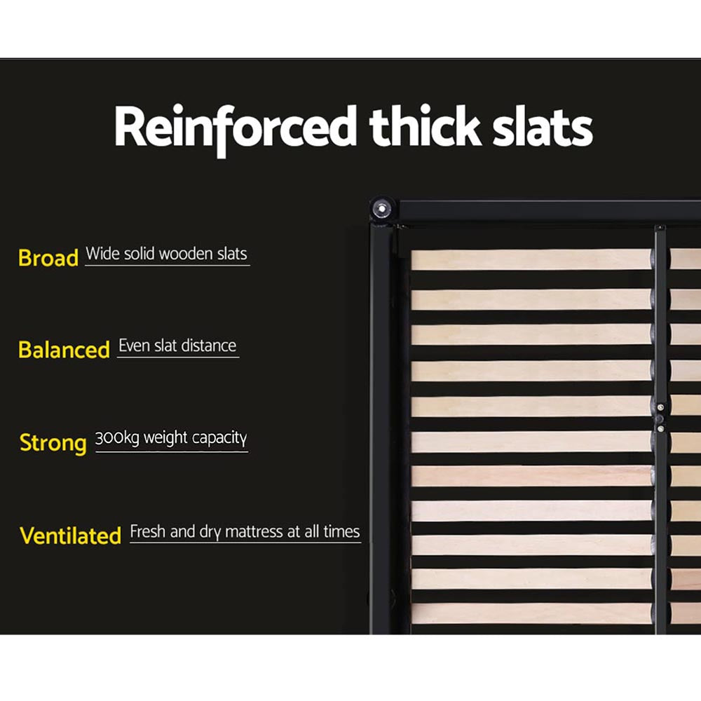 Altona King Bed Frame Grey showing reinforced thick wooden slats with balanced spacing and strong metal frame