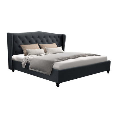 Altona Queen Bed Frame Charcoal with tufted wingback headboard and upholstered frame in elegant bedroom furniture style