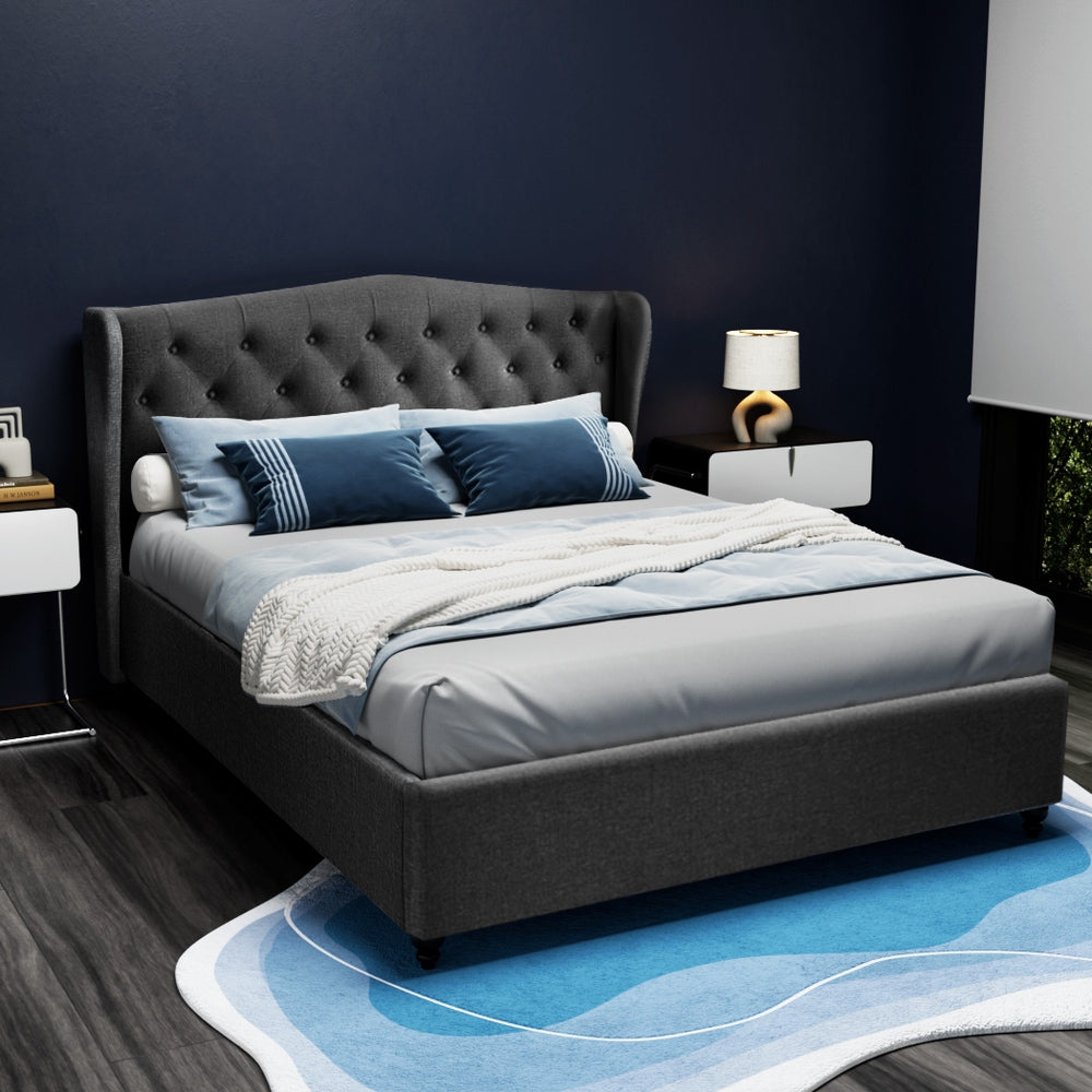Altona Queen Bed Frame Charcoal with tufted wingback headboard, upholstered design, styled in a modern bedroom setting