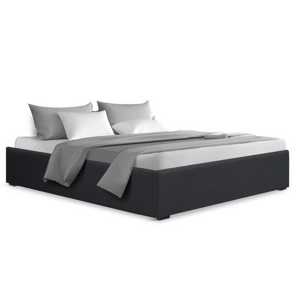 Toki Fabric Double Gas Lift Bed Frame Base with Storage Charcoal in charcoal fabric with bedding on white background