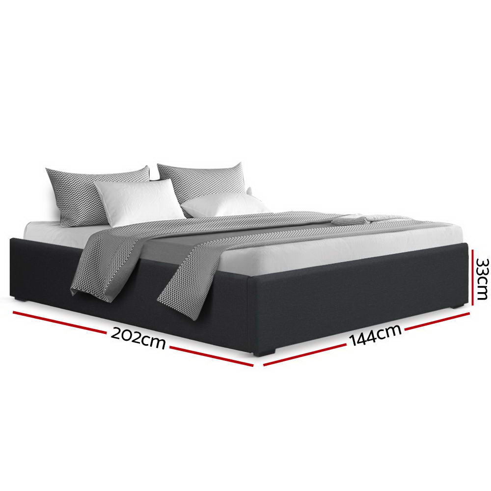Toki Fabric Double Gas Lift Bed Frame Base with Storage Charcoal in modern style, shown with bedding and size dimensions