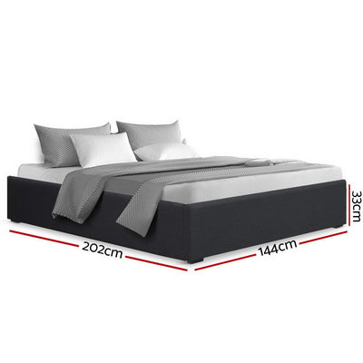 Toki Fabric Double Gas Lift Bed Frame Base with Storage Charcoal in modern style, shown with bedding and size dimensions