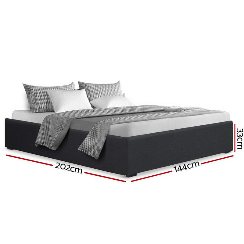 Toki Fabric Double Gas Lift Bed Frame Base with Storage Charcoal in modern style, shown with bedding and size dimensions
