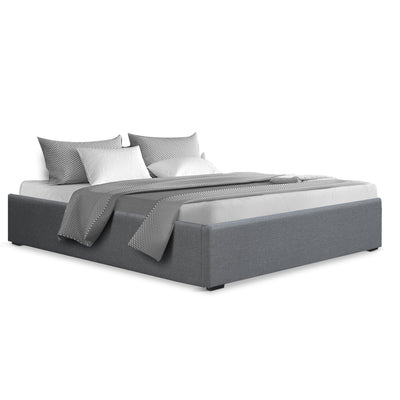 Toki Fabric Double Gas Lift Bed Frame Base with Storage Grey upholstered in grey fabric with low-profile design and bedding accents