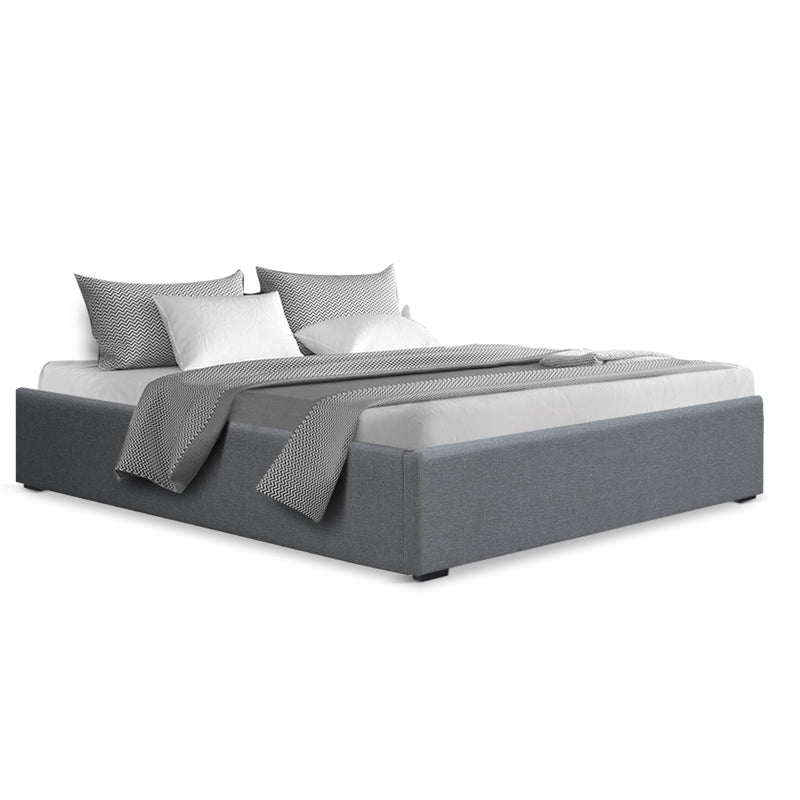 Toki Fabric Double Gas Lift Bed Frame Base with Storage Grey upholstered in grey fabric with low-profile design and bedding accents