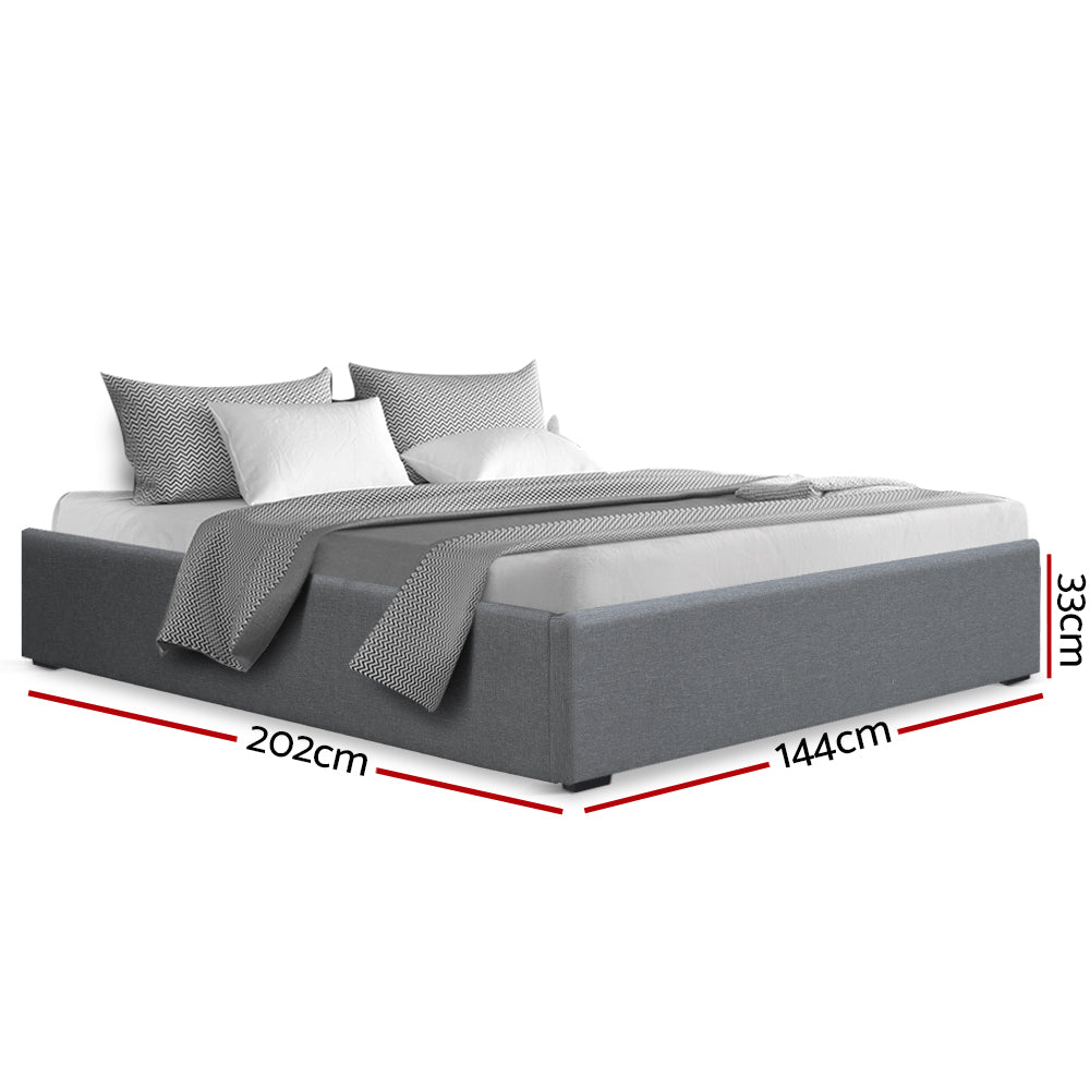 Toki Fabric Double Gas Lift Bed Frame Base with Storage Grey in modern grey fabric with dimensions shown on white background