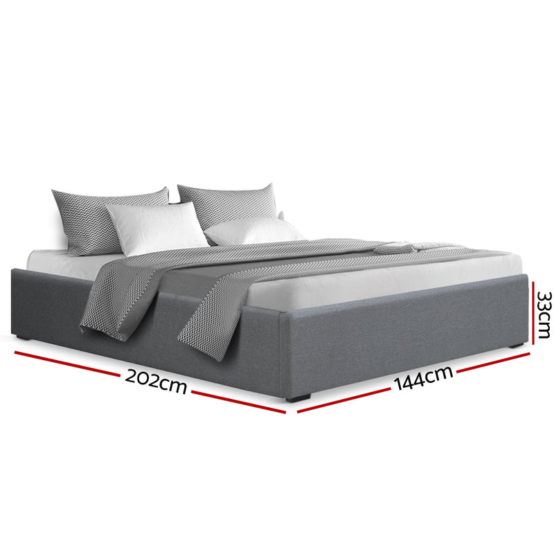 Toki Fabric Double Gas Lift Bed Frame Base with Storage Grey in modern grey fabric with dimensions shown on white background