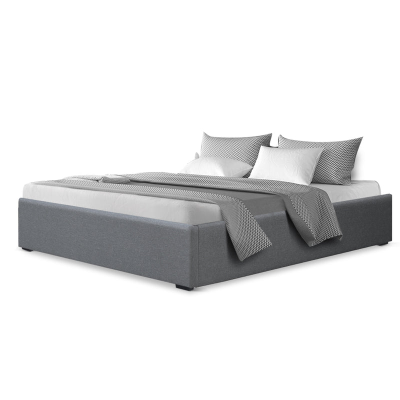 Toki Fabric Double Gas Lift Bed Frame Base with Storage Grey in modern fabric upholstery with low-profile design and bedding set