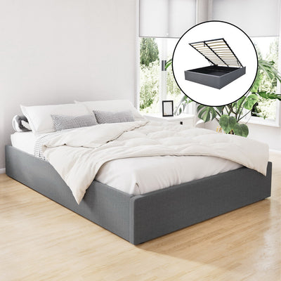 Toki Fabric Double Gas Lift Bed Frame Base with Storage Grey in modern bedroom setting with white bedding and inset showing gas lift mechanism