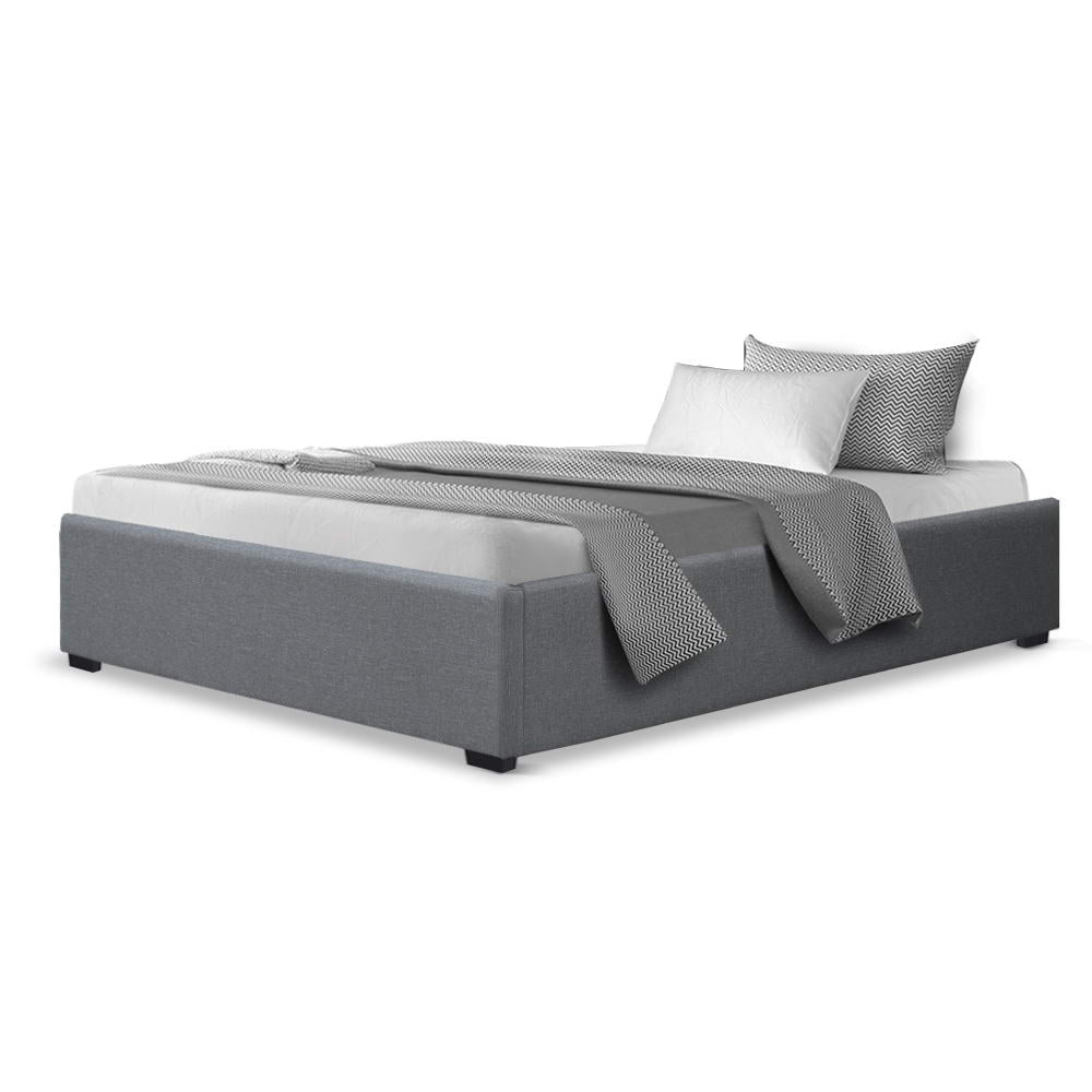 Toki Gas Lift Fabric King Single Bed Frame Base with Storage Grey in fabric with low profile design and bedding displayed