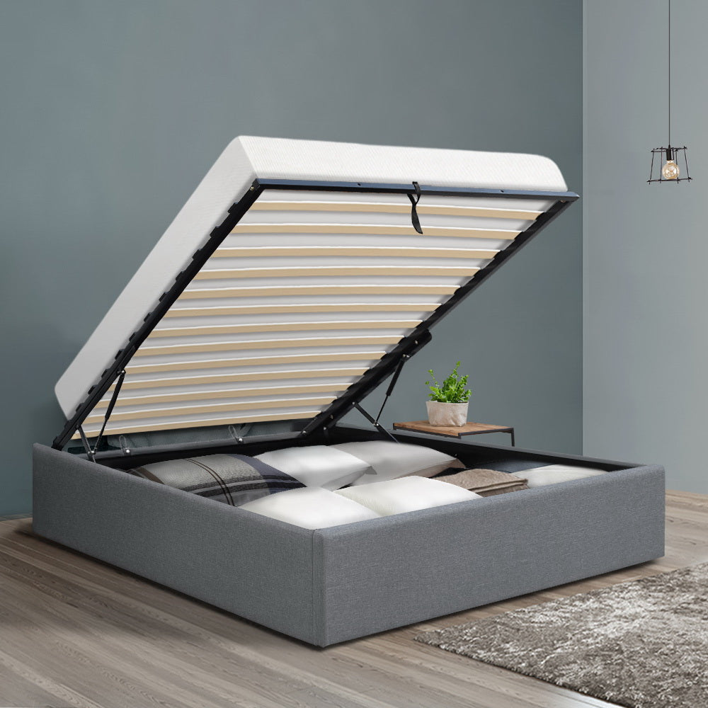 Toki Gas Lift Fabric King Single Bed Frame Base with Storage Grey showing lifted wooden slats and under-bed storage space