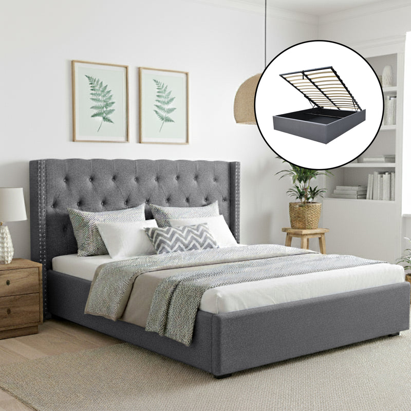 Lucas King Gas Lift Storage Bed with Tufted Headboard – Grey upholstered king bed with gas lift storage and winged button-tufted headboard