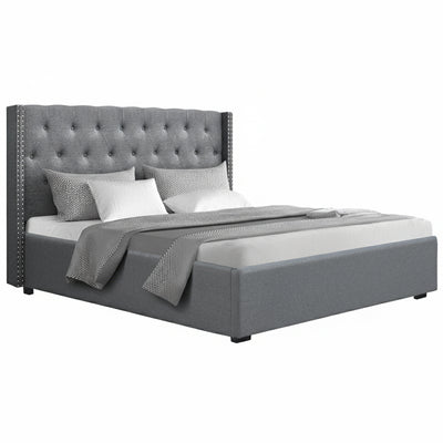 Lucas King Gas Lift Storage Bed with Tufted Headboard – Grey fabric king bed frame with button detailing and storage base