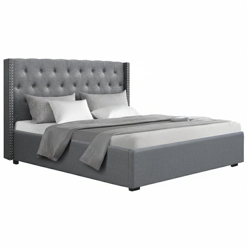 Lucas King Gas Lift Storage Bed with Tufted Headboard – Grey fabric king bed frame with button detailing and storage base