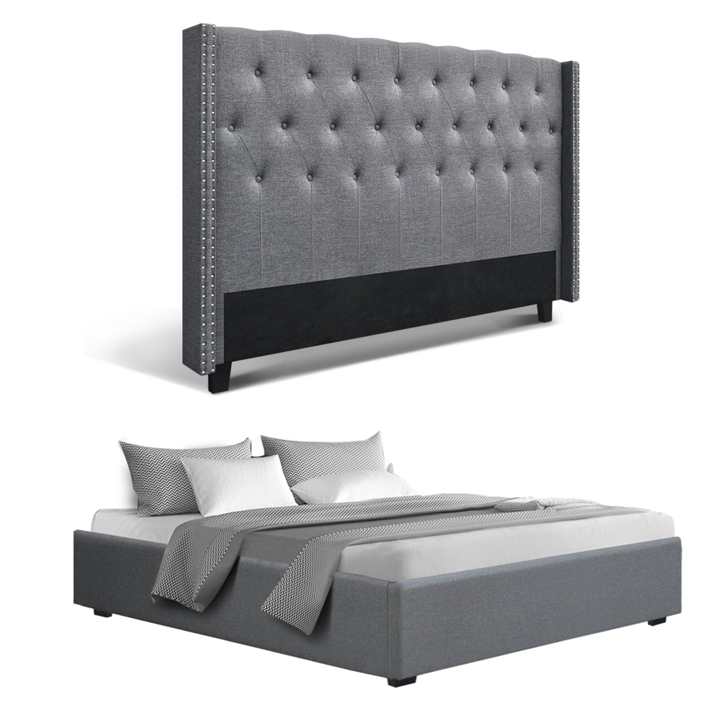 King Bed Frame Storage Tufted Headboard Gas Lift Base Grey