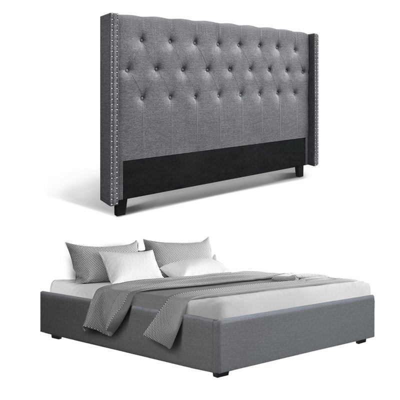 Lucas King Gas Lift Storage Bed with Tufted Headboard – Grey fabric bed frame and matching padded headboard with winged sides