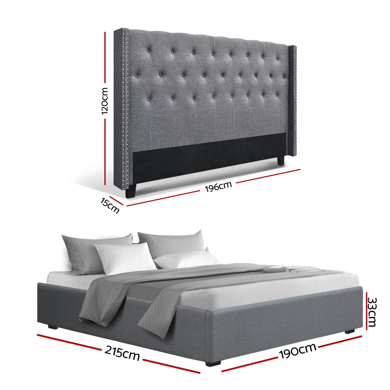 Lucas King Gas Lift Storage Bed with Tufted Headboard – Grey upholstered king bed frame with dimensions shown