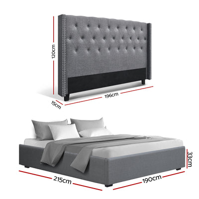 Lucas King Gas Lift Storage Bed with Tufted Headboard – Grey upholstered king bed frame with dimensions shown