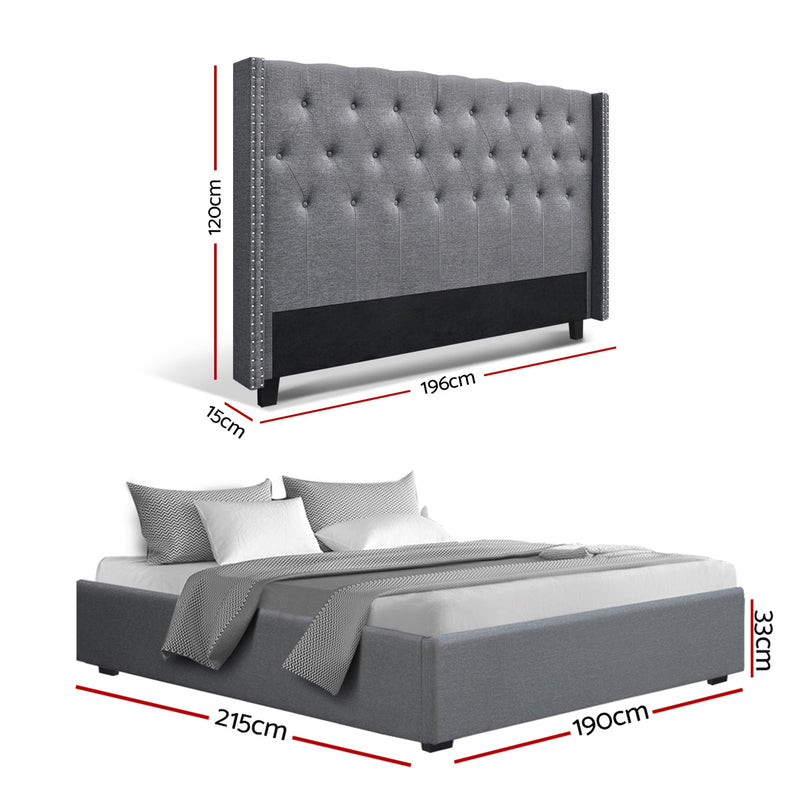 Lucas King Gas Lift Storage Bed with Tufted Headboard – Grey upholstered king bed frame with dimensions shown