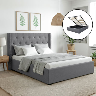 Lucas Queen Gas Lift Storage Bed with Tufted Headboard – Grey in bedroom setting with pillows and inset showing storage lift mechanism