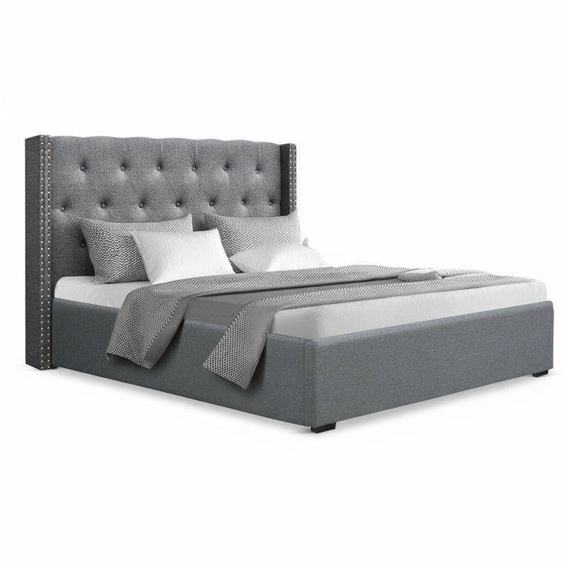 Lucas Queen Gas Lift Storage Bed with Tufted Headboard – Grey upholstered bed frame with wingback design and bedding accents