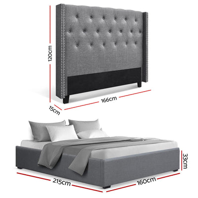 Lucas Queen Gas Lift Storage Bed with Tufted Headboard – Grey with detailed dimensions in a modern bedroom setting